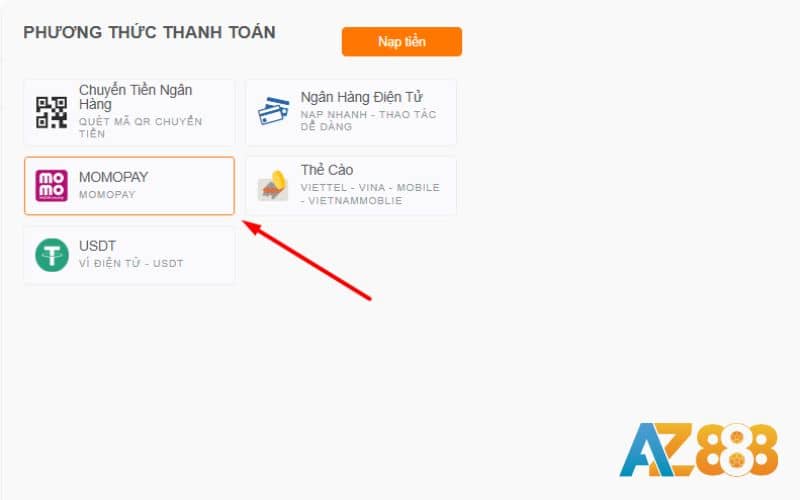 Chọn phương thức MOMOPAY trong mục nạp tiền