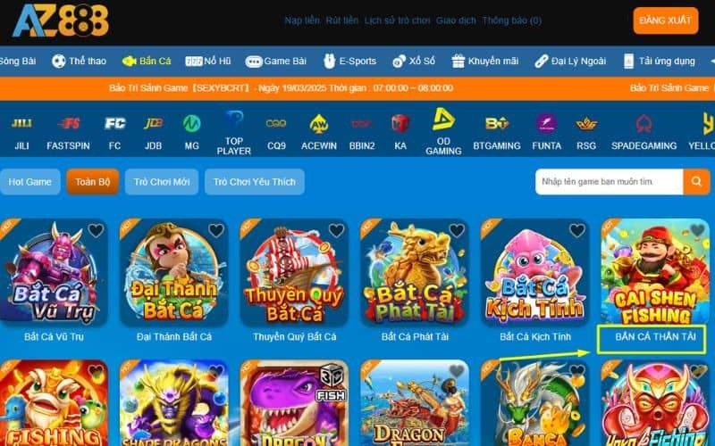 Chọn danh mục bắn cá và tìm trò chơi Bắn Cá Thần Tài